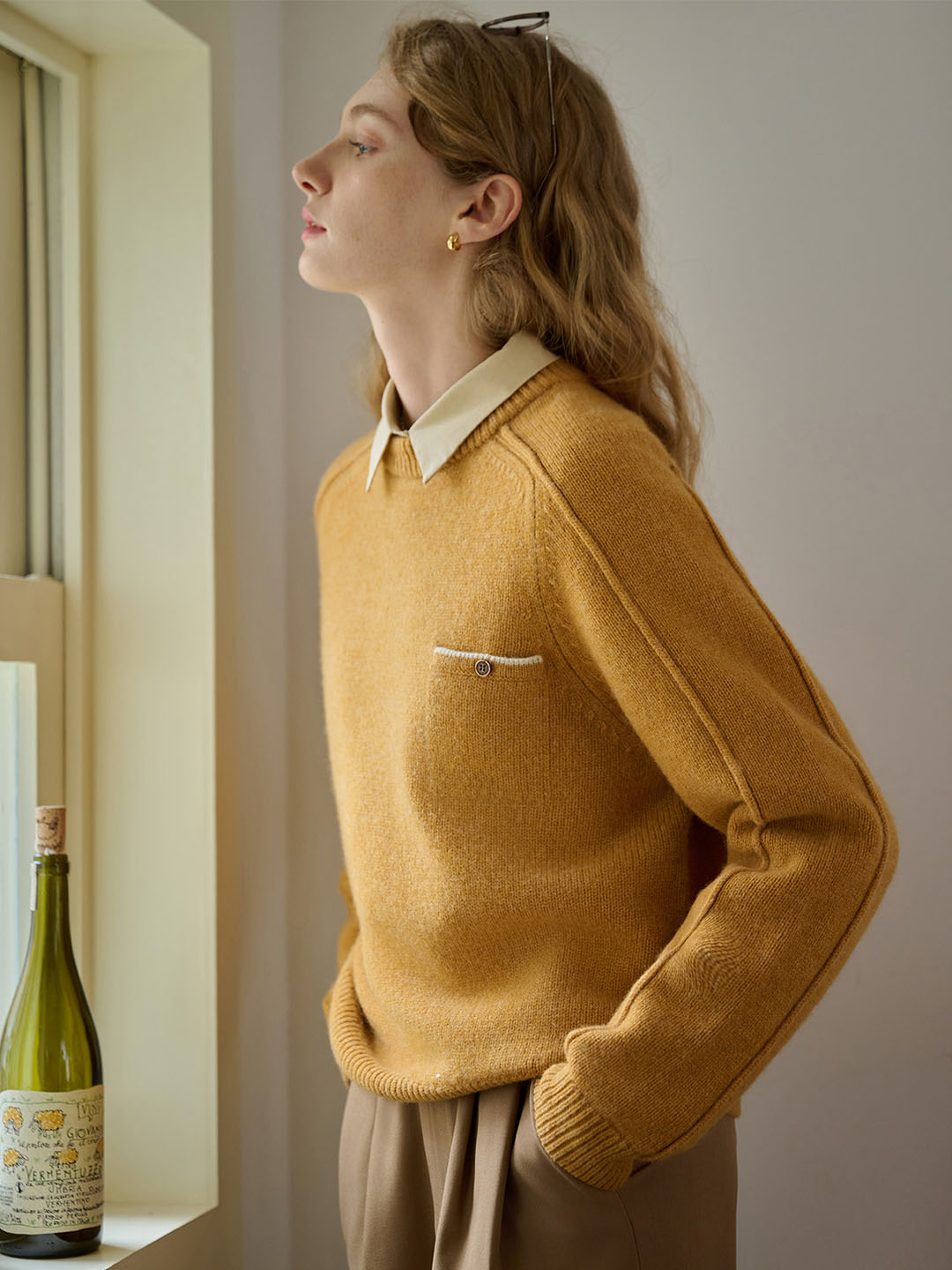 Natalie Solid Raglan Sleeve Pocket Patched 100% Wool Sweater