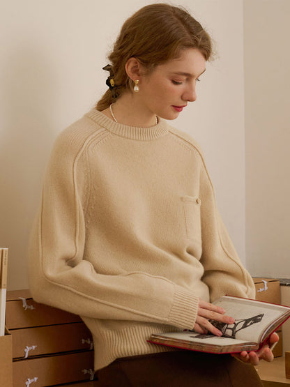 Natalie Solid Raglan Sleeve Pocket Patched 100% Wool Sweater