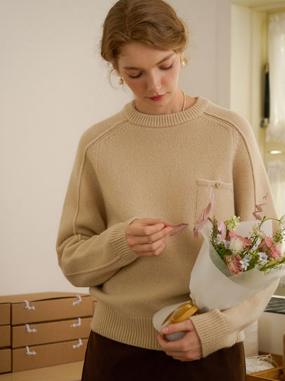 Natalie Solid Raglan Sleeve Pocket Patched 100% Wool Sweater