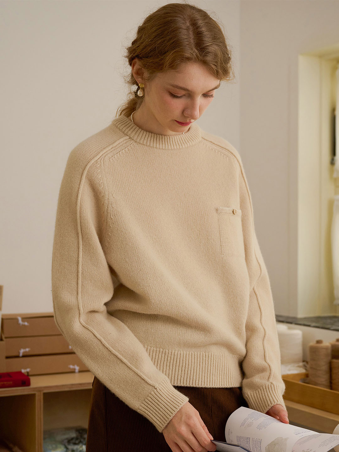 Natalie Solid Raglan Sleeve Pocket Patched 100% Wool Sweater