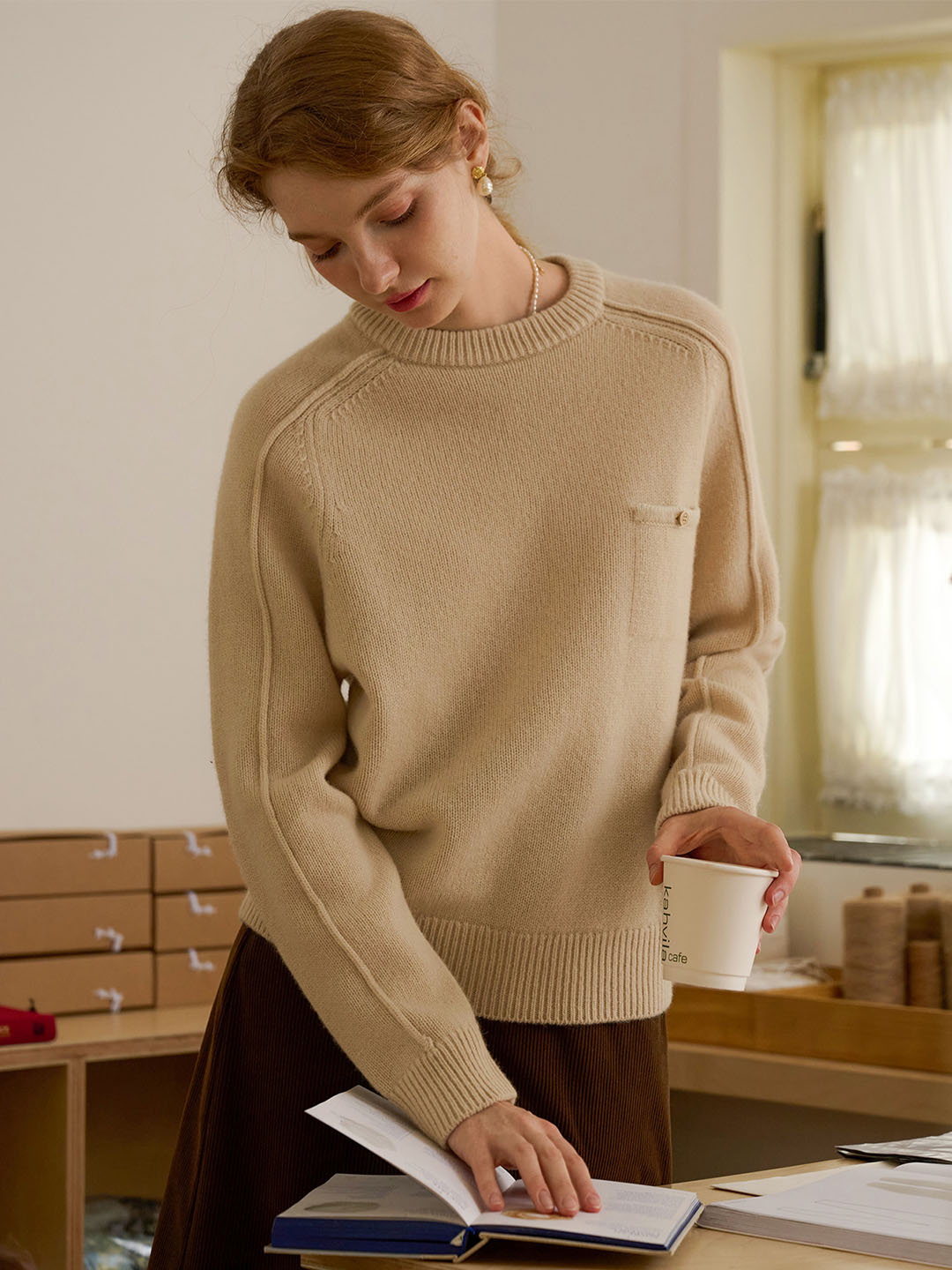 Natalie Solid Raglan Sleeve Pocket Patched 100% Wool Sweater