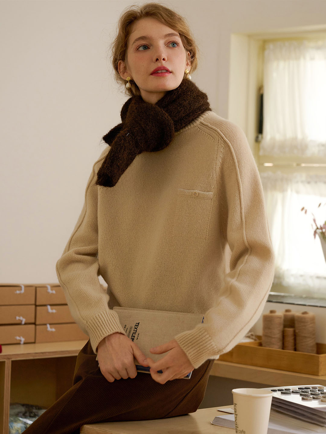 Natalie Solid Raglan Sleeve Pocket Patched 100% Wool Sweater