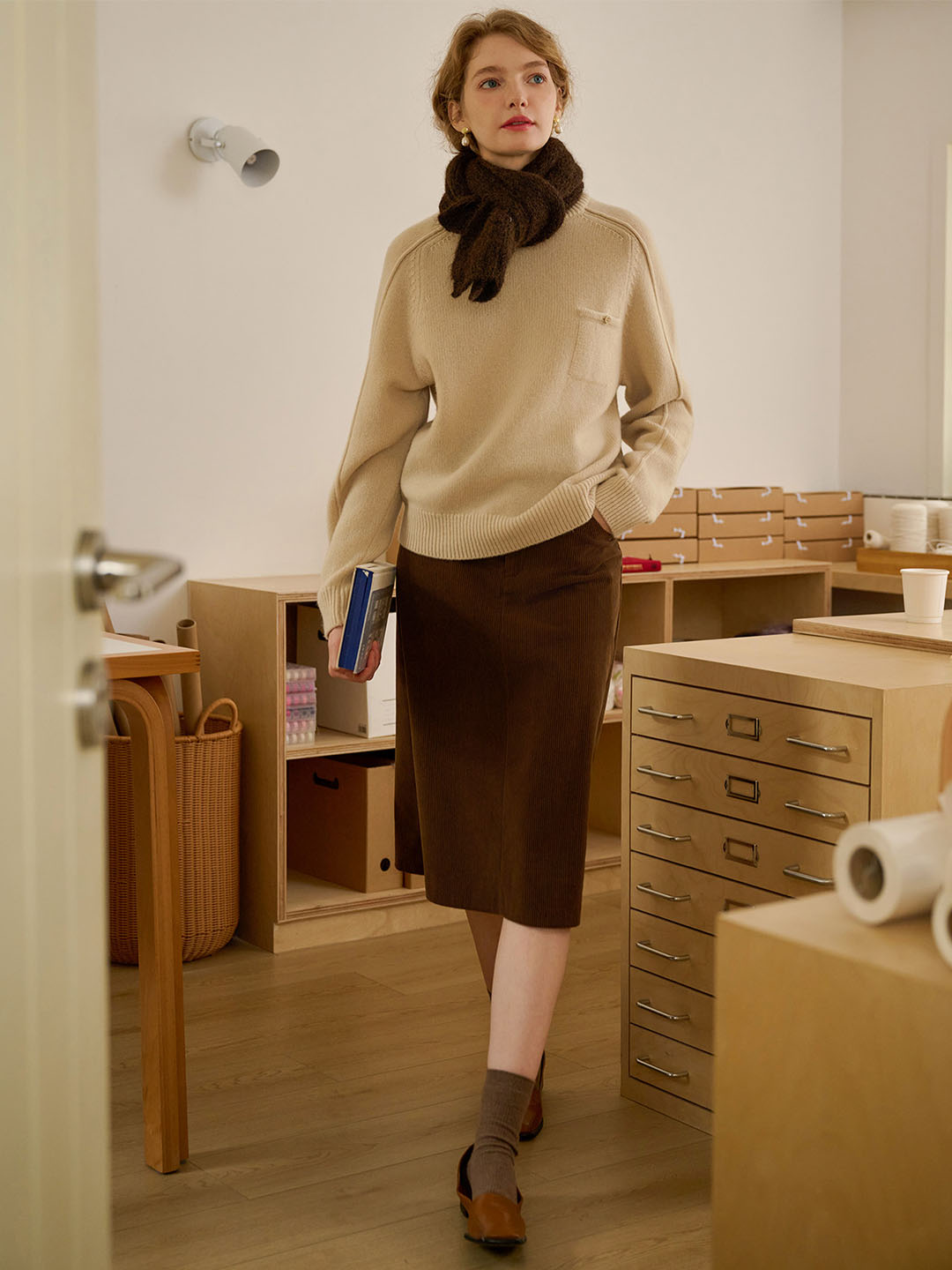 Natalie Solid Raglan Sleeve Pocket Patched 100% Wool Sweater