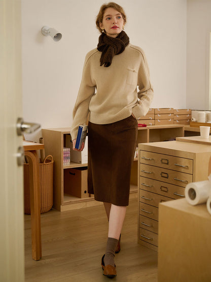 Natalie Solid Raglan Sleeve Pocket Patched 100% Wool Sweater