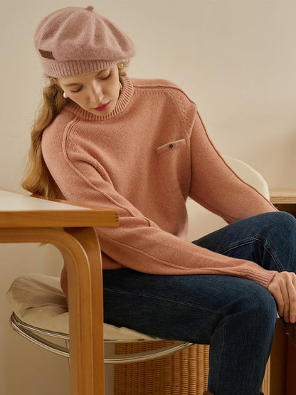 Natalie Solid Raglan Sleeve Pocket Patched 100% Wool Sweater