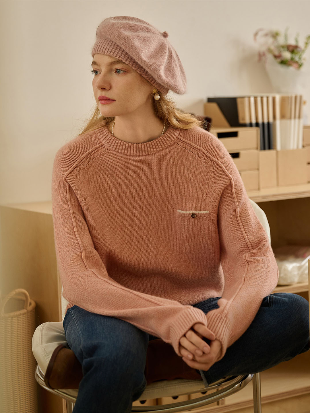 Natalie Solid Raglan Sleeve Pocket Patched 100% Wool Sweater