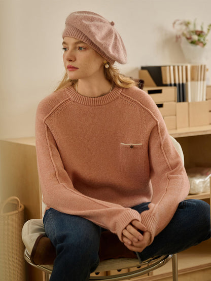 Natalie Solid Raglan Sleeve Pocket Patched 100% Wool Sweater