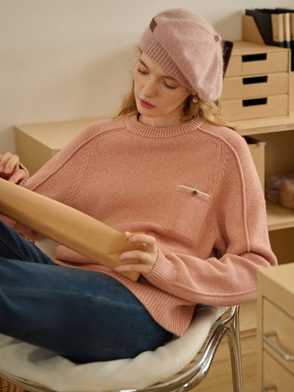 Natalie Solid Raglan Sleeve Pocket Patched 100% Wool Sweater
