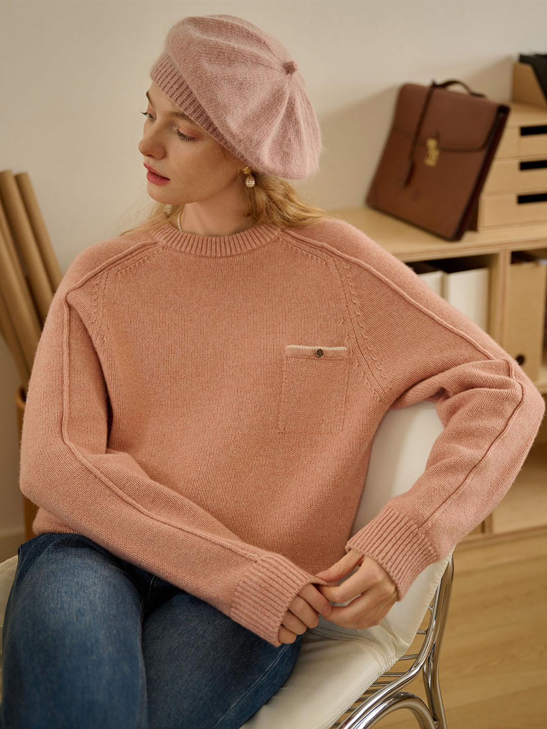 Natalie Solid Raglan Sleeve Pocket Patched 100% Wool Sweater
