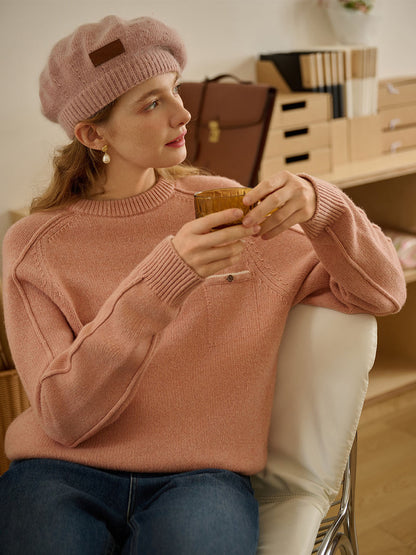 Natalie Solid Raglan Sleeve Pocket Patched 100% Wool Sweater