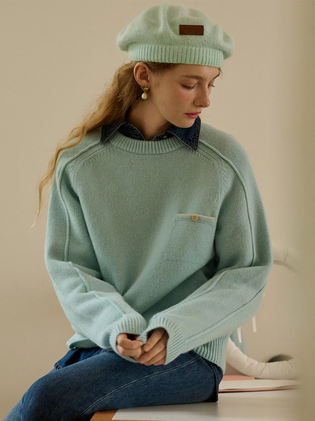 Natalie Solid Raglan Sleeve Pocket Patched 100% Wool Sweater