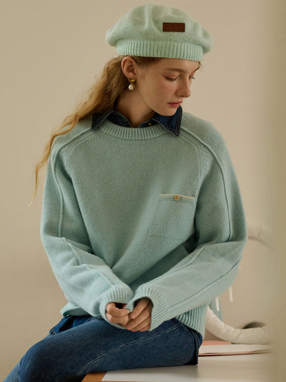 Natalie Solid Raglan Sleeve Pocket Patched 100% Wool Sweater