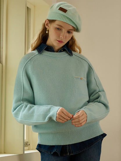 Natalie Solid Raglan Sleeve Pocket Patched 100% Wool Sweater