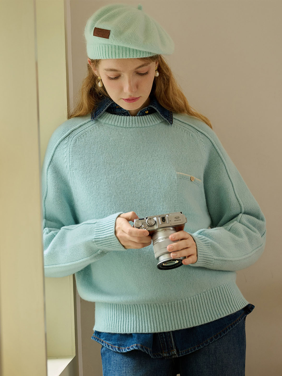 Natalie Solid Raglan Sleeve Pocket Patched 100% Wool Sweater