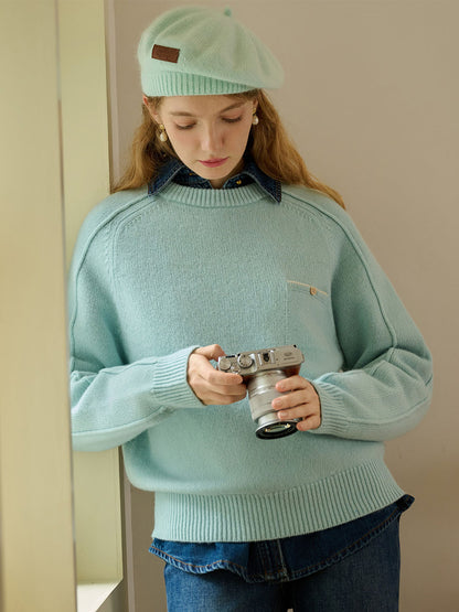 Natalie Solid Raglan Sleeve Pocket Patched 100% Wool Sweater