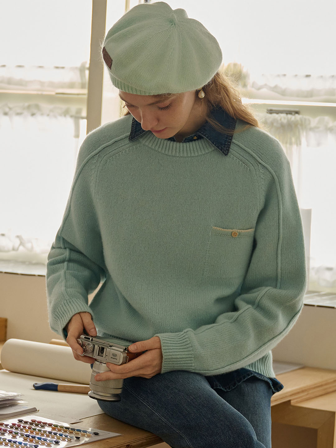 Natalie Solid Raglan Sleeve Pocket Patched 100% Wool Sweater