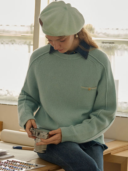Natalie Solid Raglan Sleeve Pocket Patched 100% Wool Sweater
