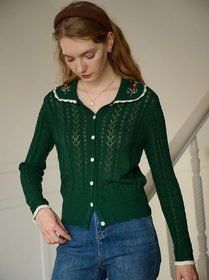 Shay Peter Pan Collar Embroidered Contrast Cutout Cardigan-Green