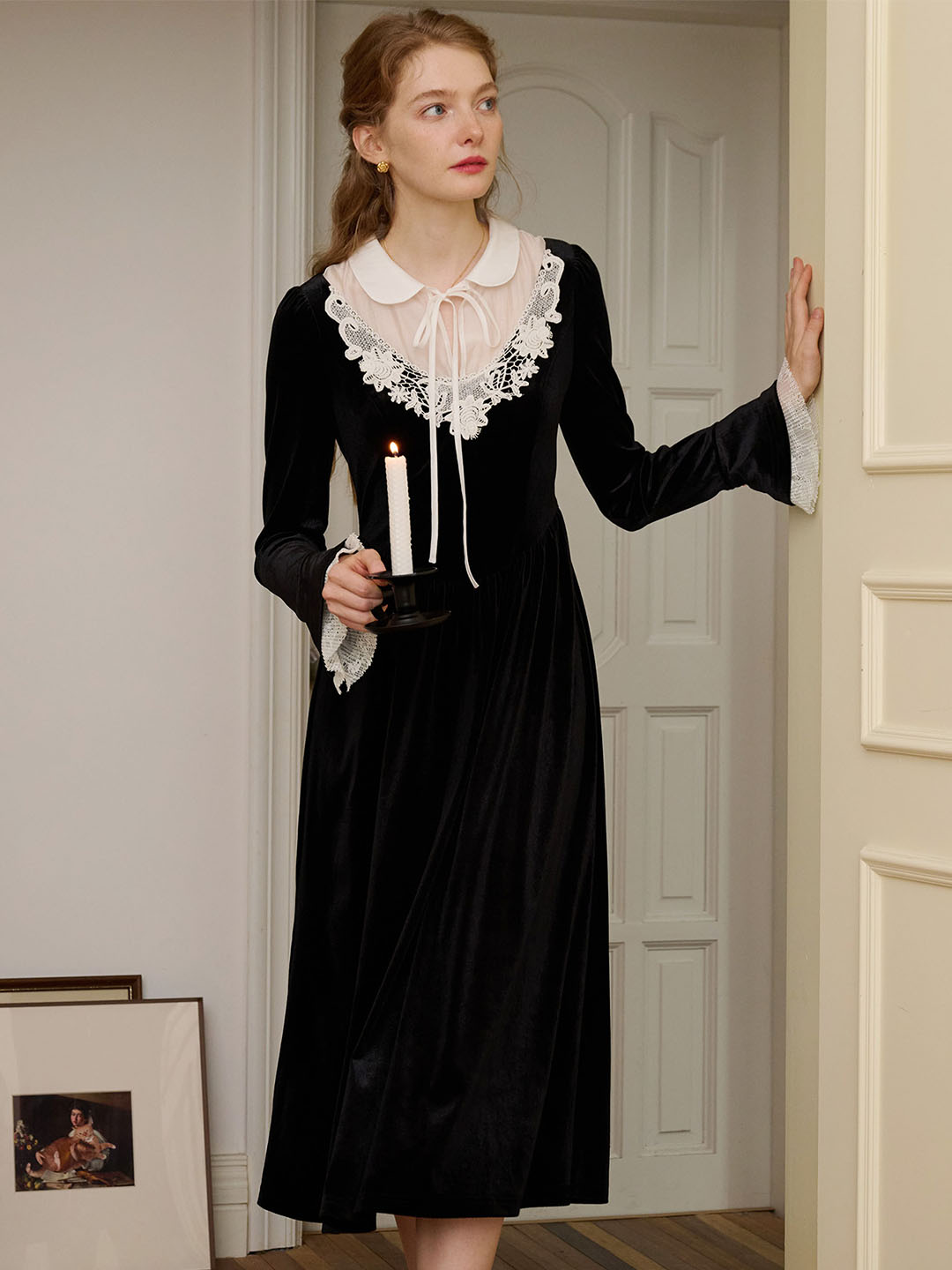 Cora contrast lace ruffle-sleeve velvet dress
