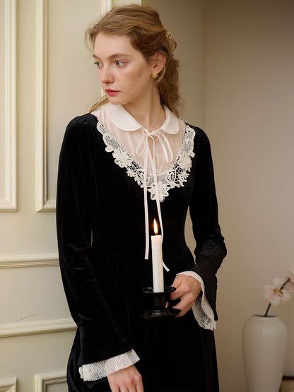 Cora contrast lace ruffle-sleeve velvet dress
