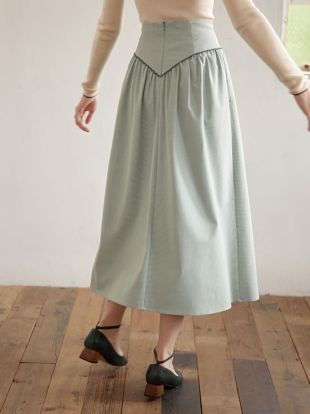 Leah 灰綠色高腰格紋半身裙/SIMPLERETRO