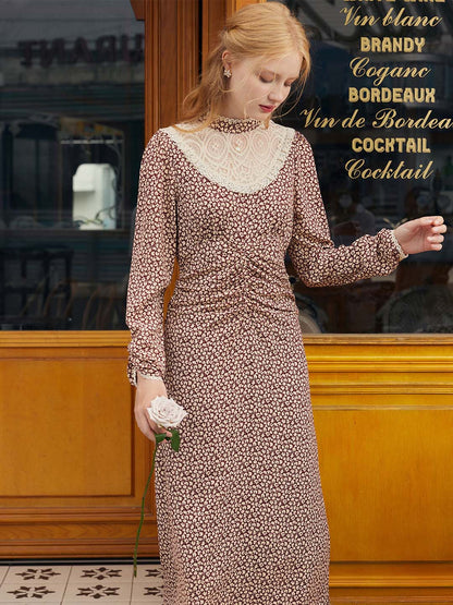 Camila Maple Leaf Print Mock Neck Lace Contrast Dress