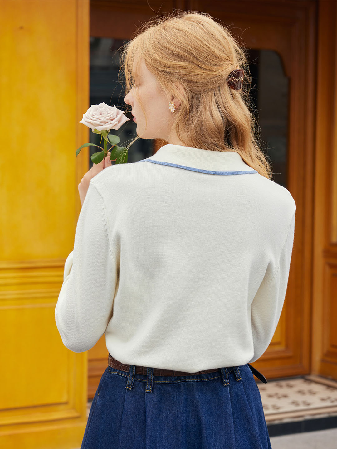 Aurora Floral Embroidery Contrast Trim Sweater