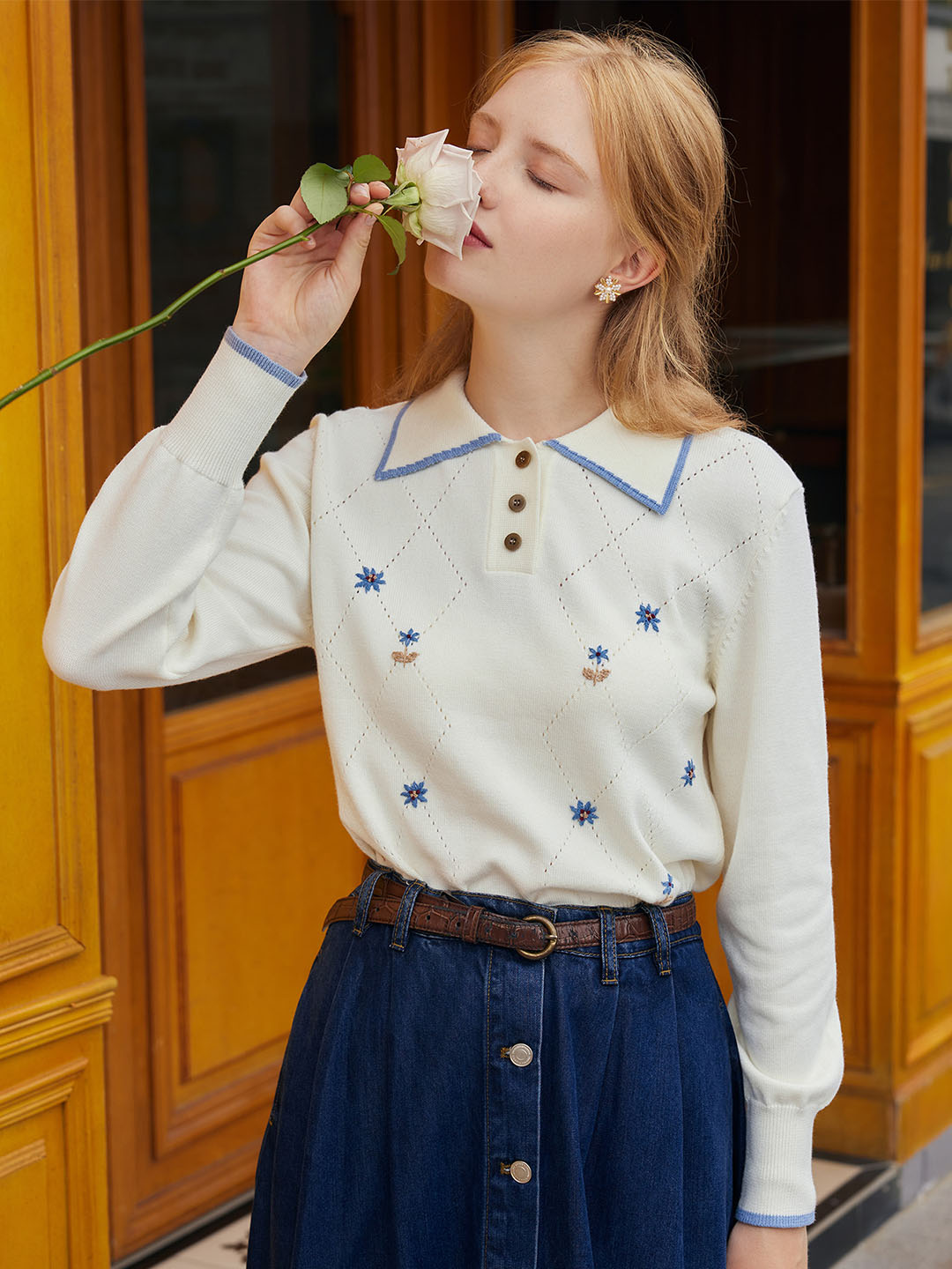 Aurora Floral Embroidery Contrast Trim Sweater