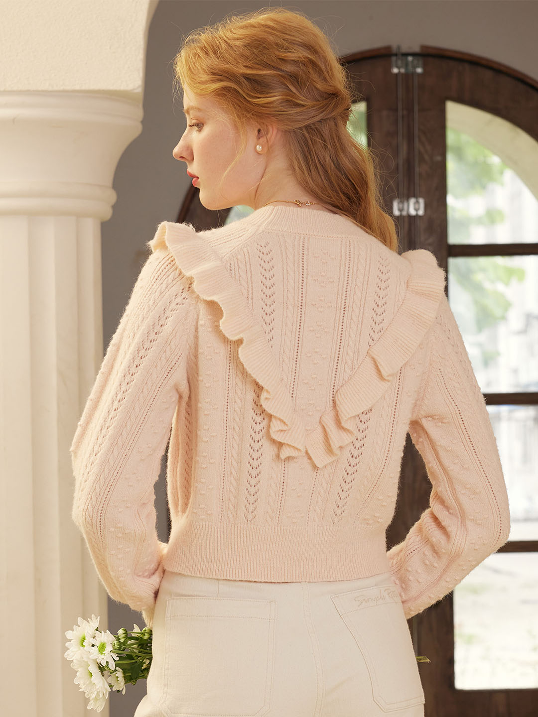 Leilani Ruffle Trim Cable Knit Sweater