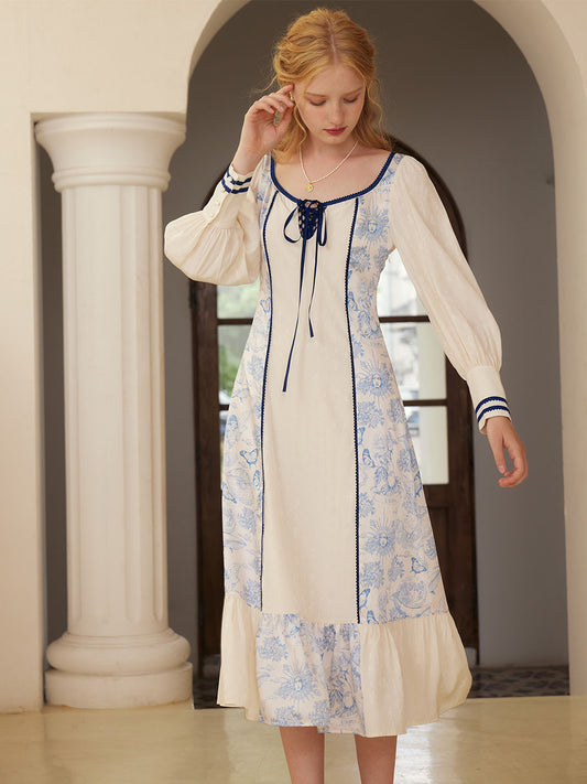 Violet Square Neck Paneled Lantern Sleeve Printed Dress