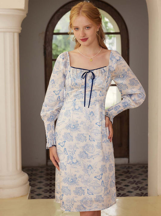 Mila Elegant Square Neck Contrast Print Dress