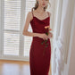 Simple Retro- Amira J酒紅色法式一字肩吊修身帶連衣裙