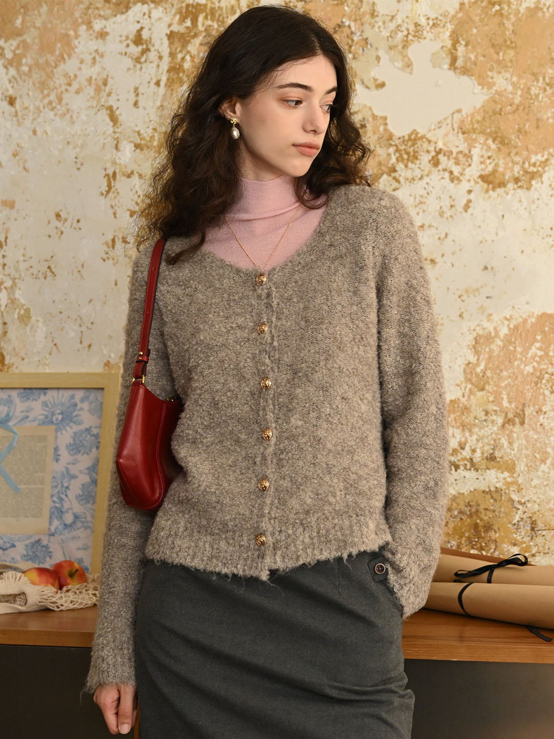 Stella Crew Neck Solid Button Front Cardigan