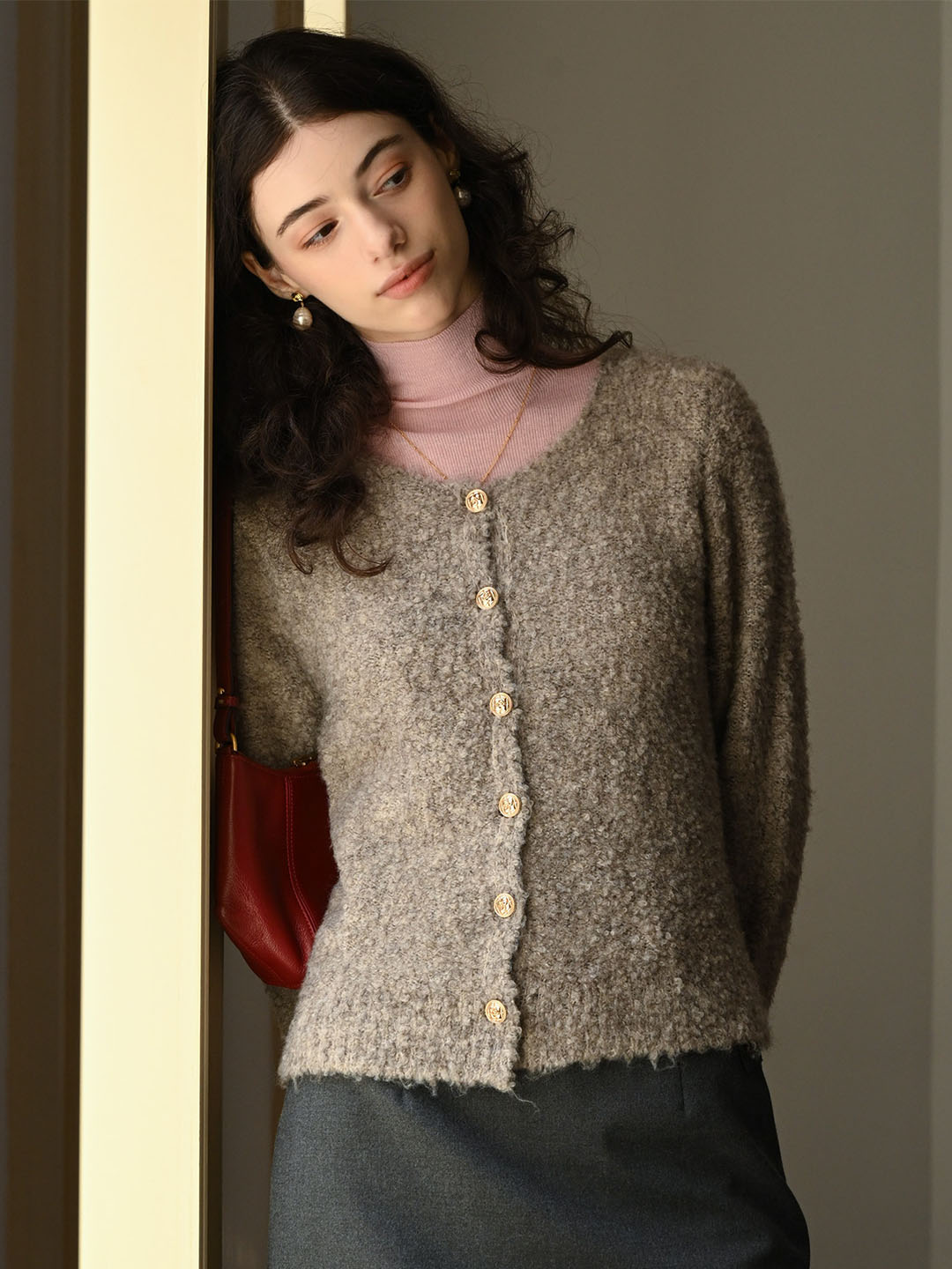Stella Crew Neck Solid Button Front Cardigan