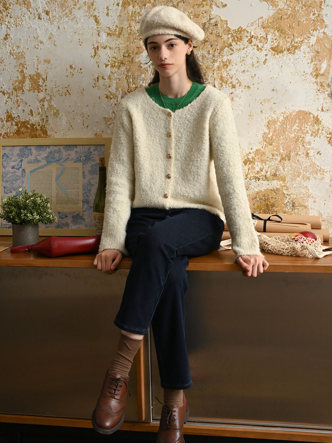 Stella Crew Neck Solid Button Front Cardigan