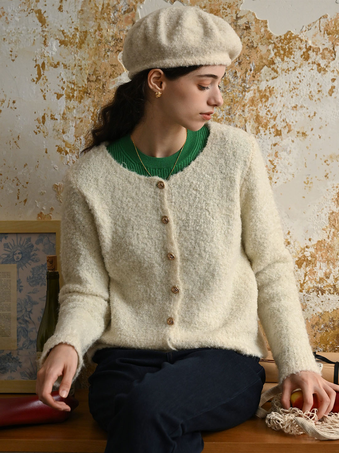 Stella Crew Neck Solid Button Front Cardigan