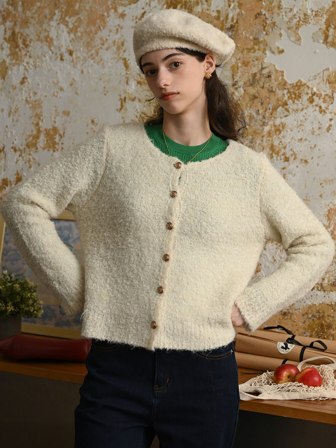 Stella Crew Neck Solid Button Front Cardigan