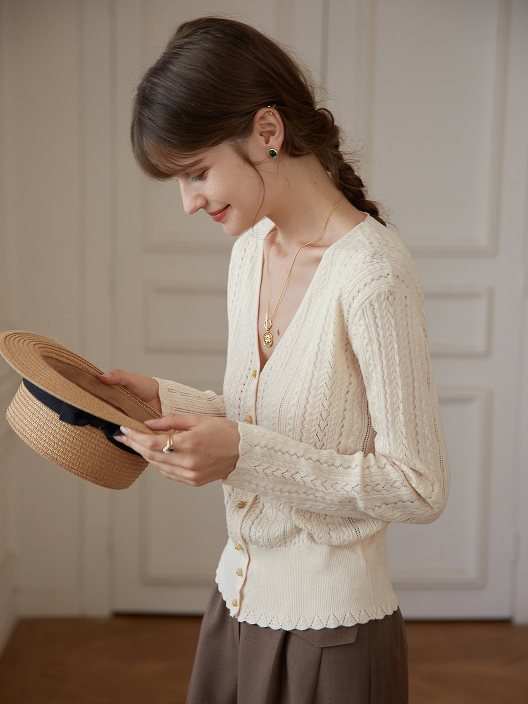 Anna oatmeal V-neck sweater thin coat