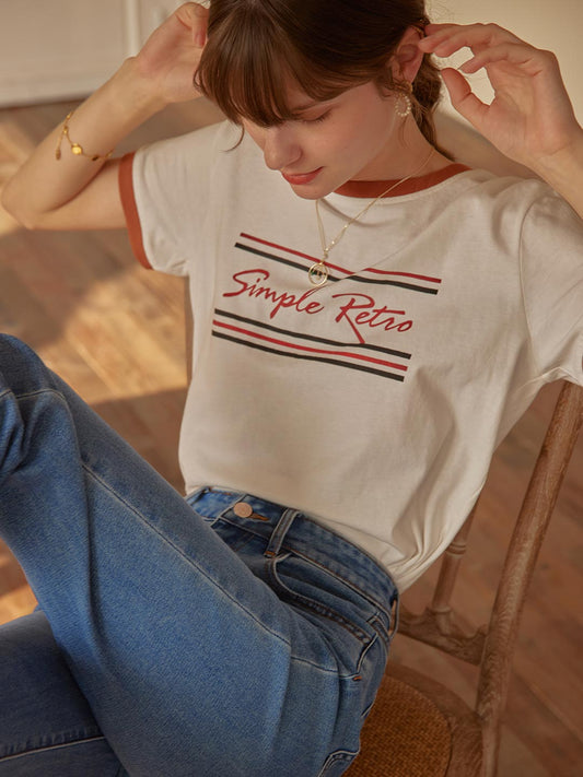 Simple Retro- Maya 紅條logo純棉短袖T恤