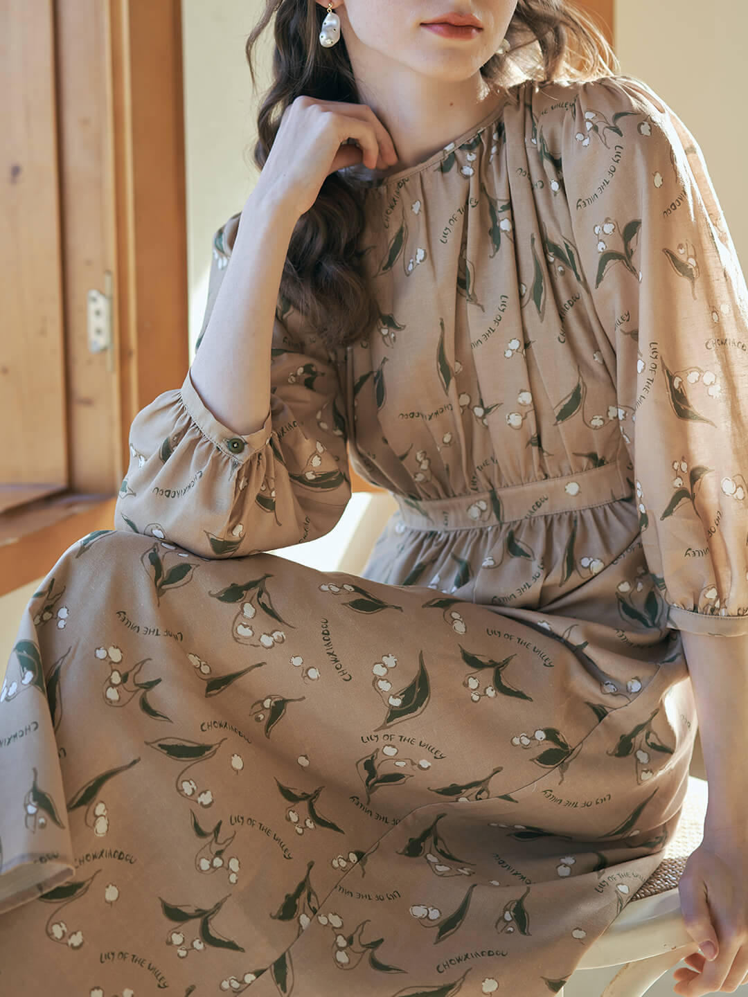 Convallaria Khaki Lily of the Valley Print Dress