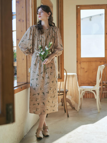 Convallaria Khaki Lily of the Valley Print Dress
