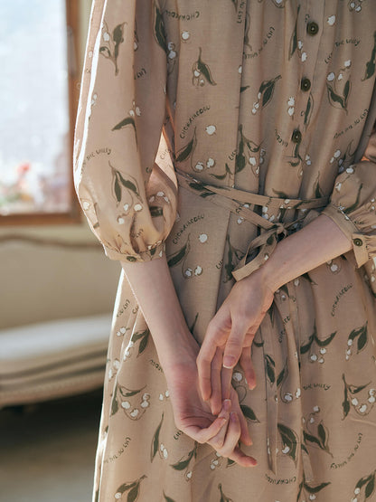 Convallaria Khaki Lily of the Valley Print Dress