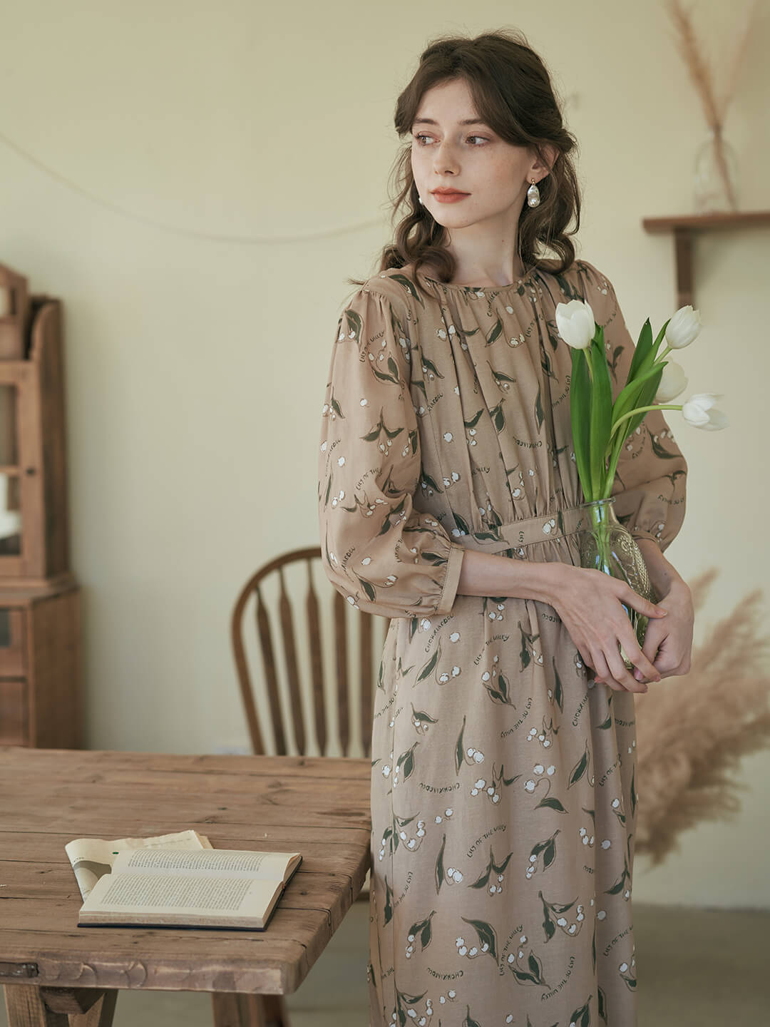 Convallaria Khaki Lily of the Valley Print Dress