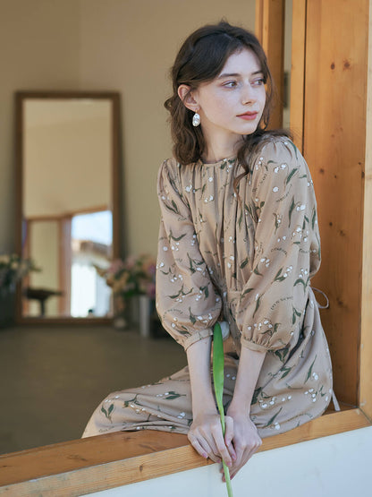 Convallaria Khaki Lily of the Valley Print Dress