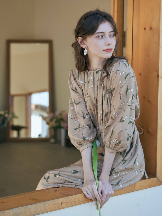 Convallaria Khaki Lily of the Valley Print Dress