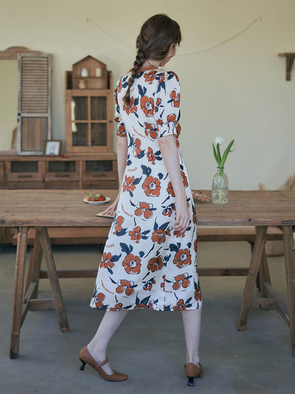 Camellia orange camellia print V-neck dress