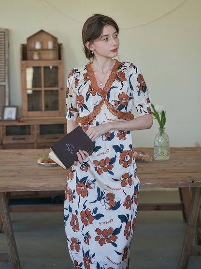 Camellia orange camellia print V-neck dress