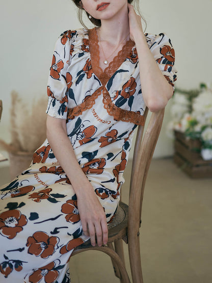 Camellia orange camellia print V-neck dress