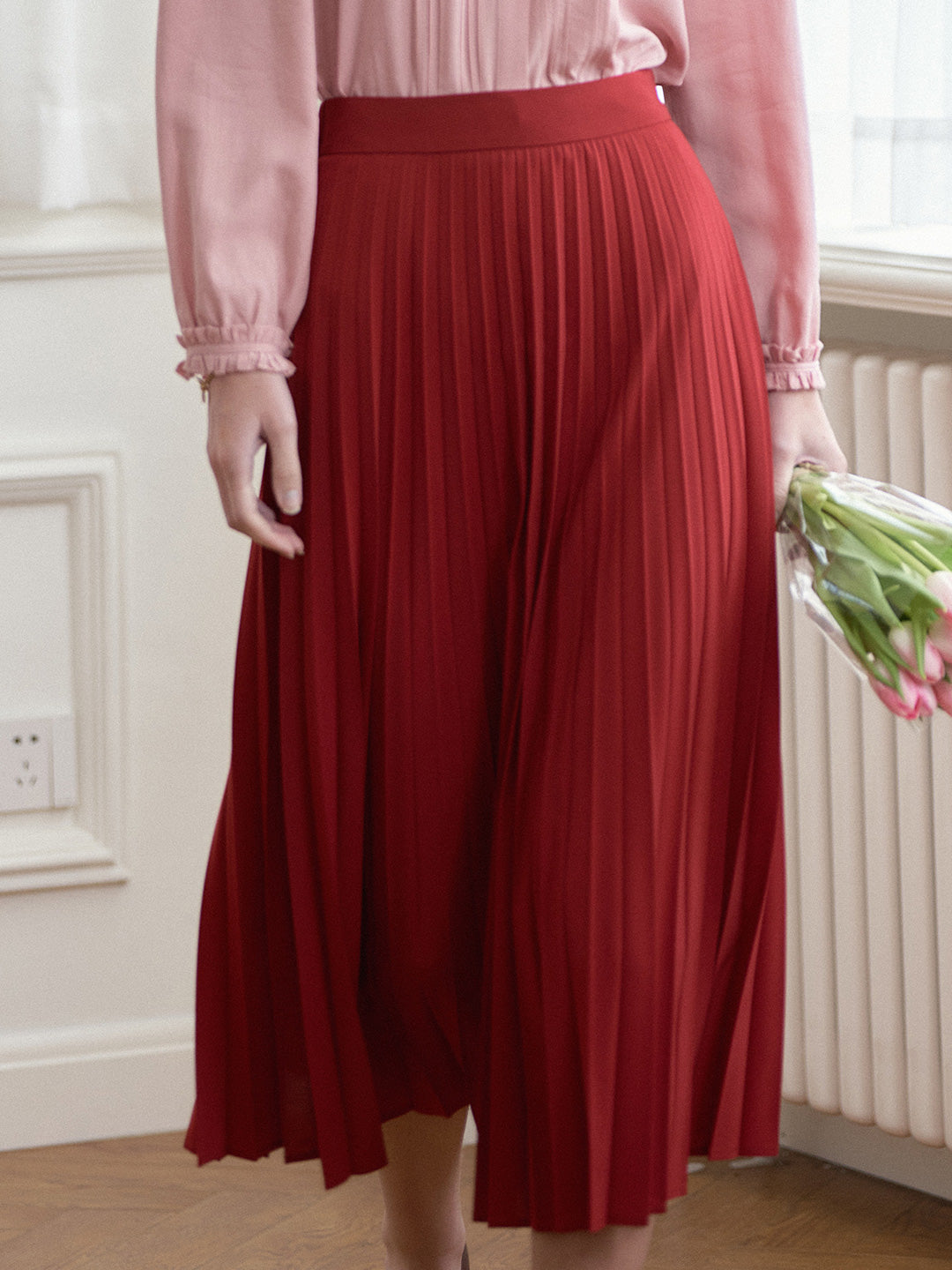 Daleyza 復古壓褶紅色半裙
