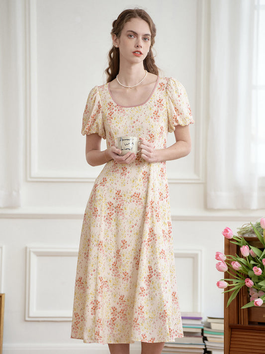 Fatima round square neck puff sleeve floral dress